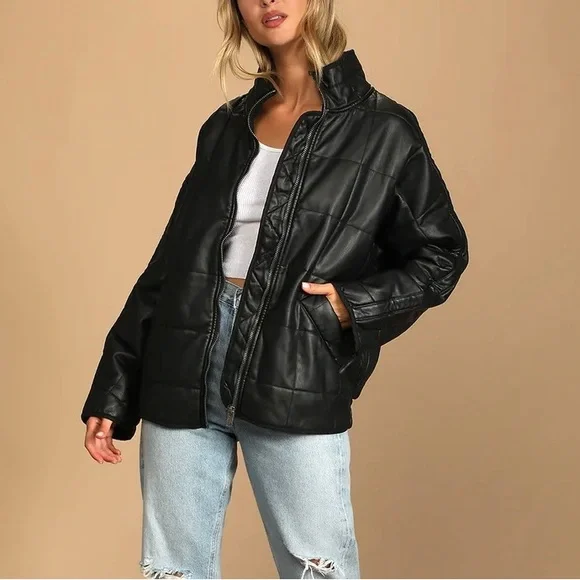 FREE PEOPLE : DOLMAN QUILTED VEGAN LEATHER JACKET IN BLACK
